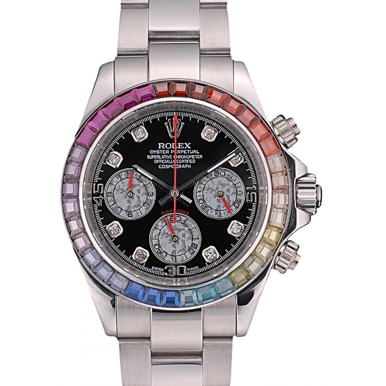 Daytona Steep Dial Rolex Strap Rainbow Cosmograph 80250 Bezel Crystals Black Stainless 0604